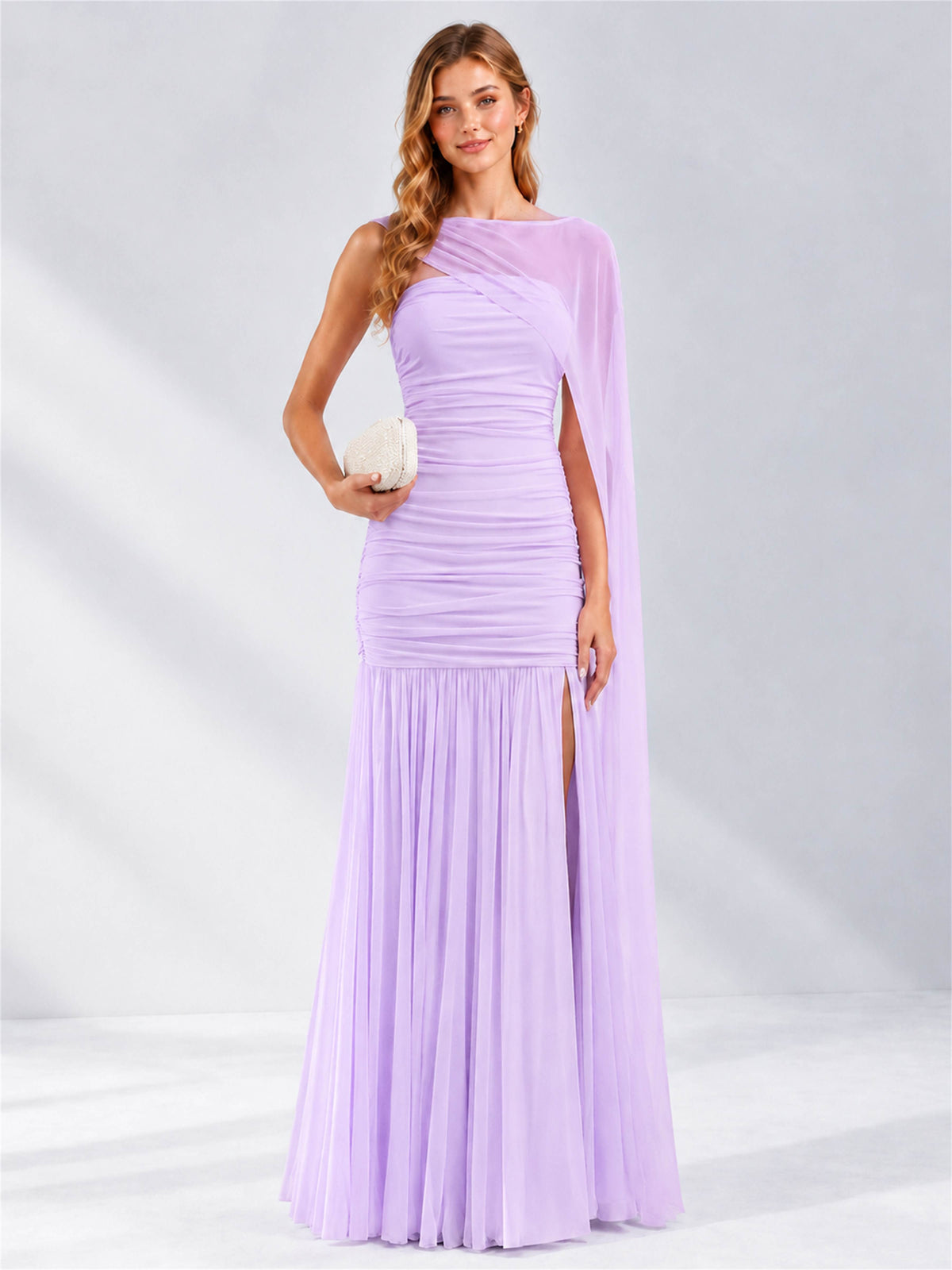 Sheath Ruched Strapless Chiffon Sleeveless Side Slit Wedding Guest Dress with Cape