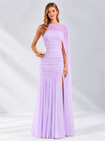 Sheath Ruched Strapless Chiffon Sleeveless Side Slit Wedding Guest Dress with Cape
