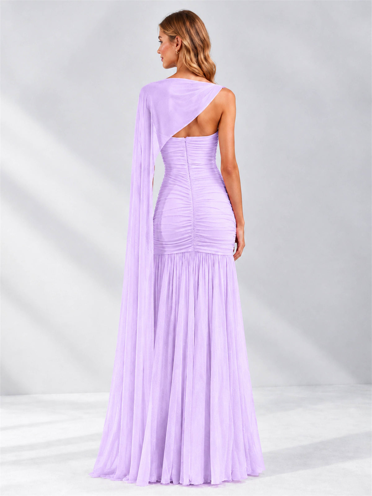 Sheath Ruched Strapless Chiffon Sleeveless Side Slit Wedding Guest Dress with Cape