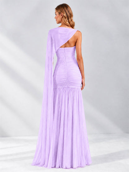 Sheath Ruched Strapless Chiffon Sleeveless Side Slit Wedding Guest Dress with Cape