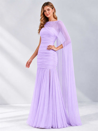 Sheath Ruched Strapless Chiffon Sleeveless Side Slit Wedding Guest Dress with Cape