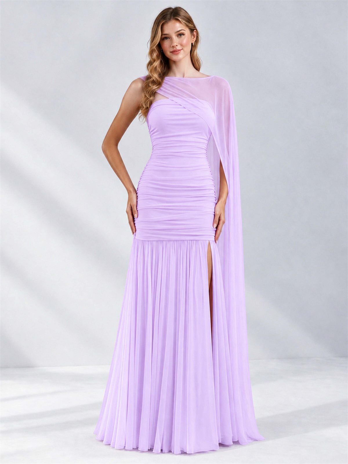 Sheath Ruched Strapless Chiffon Sleeveless Side Slit Wedding Guest Dress with Cape