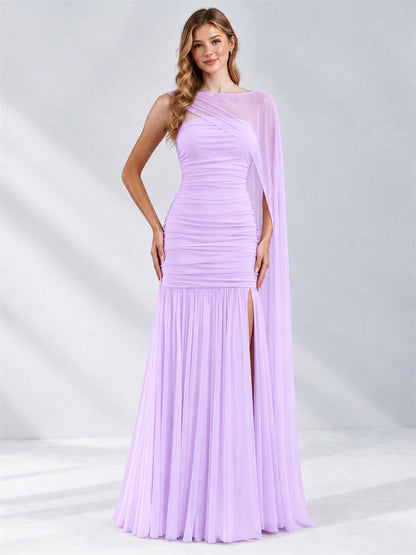 Sheath Ruched Strapless Chiffon Sleeveless Side Slit Wedding Guest Dress with Cape