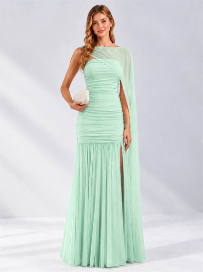 Sheath Ruched Strapless Chiffon Sleeveless Side Slit Wedding Guest Dress with Cape