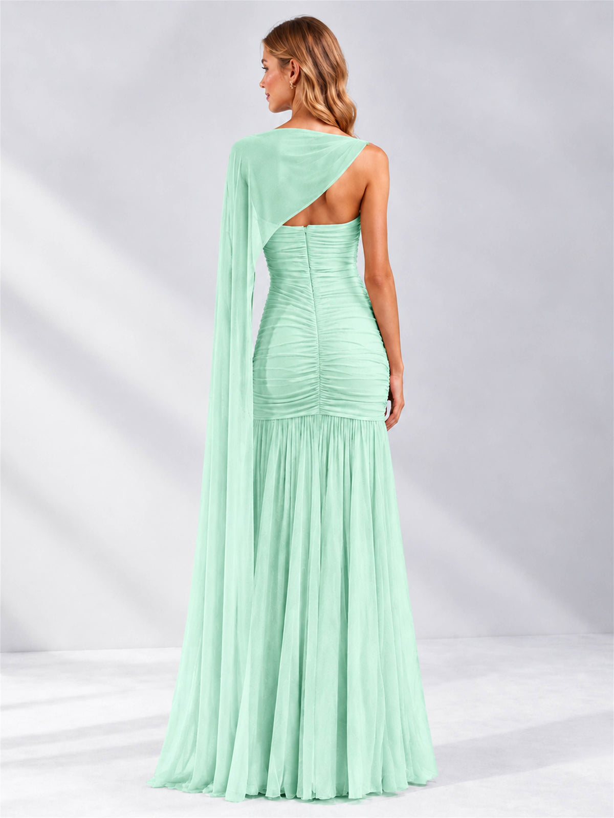 Sheath Ruched Strapless Chiffon Sleeveless Side Slit Wedding Guest Dress with Cape