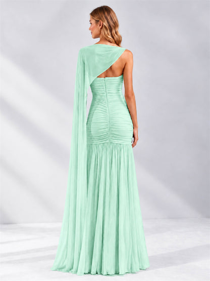Sheath Ruched Strapless Chiffon Sleeveless Side Slit Wedding Guest Dress with Cape