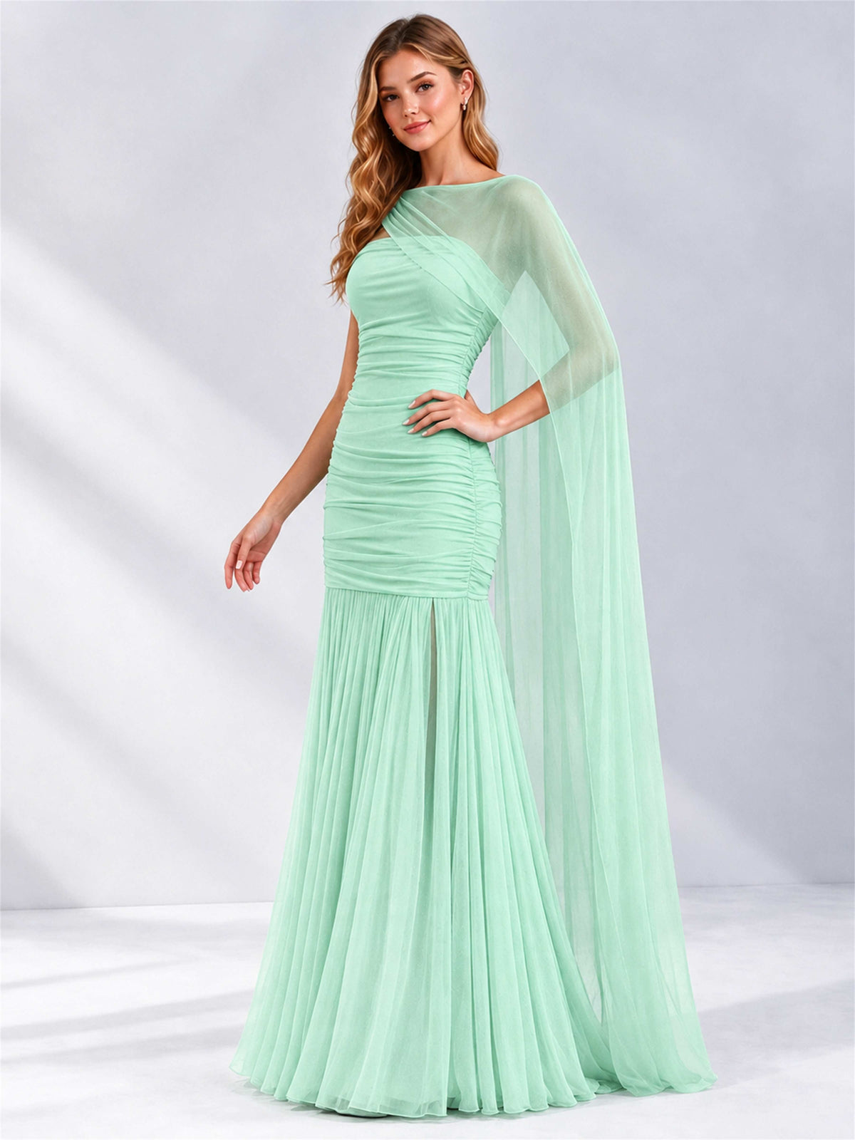 Sheath Ruched Strapless Chiffon Sleeveless Side Slit Wedding Guest Dress with Cape
