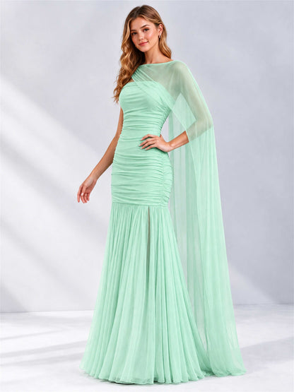 Sheath Ruched Strapless Chiffon Sleeveless Side Slit Wedding Guest Dress with Cape