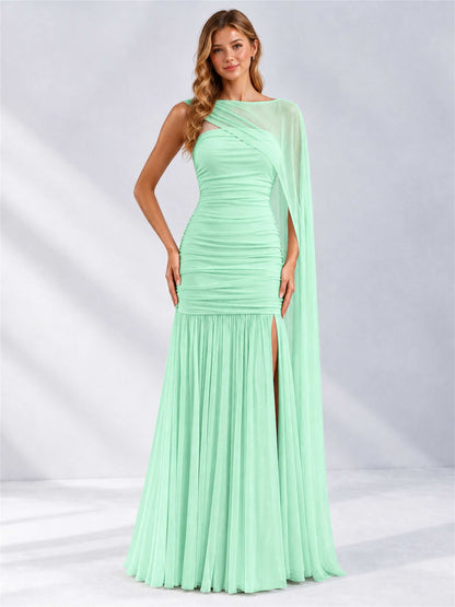 Sheath Ruched Strapless Chiffon Sleeveless Side Slit Wedding Guest Dress with Cape