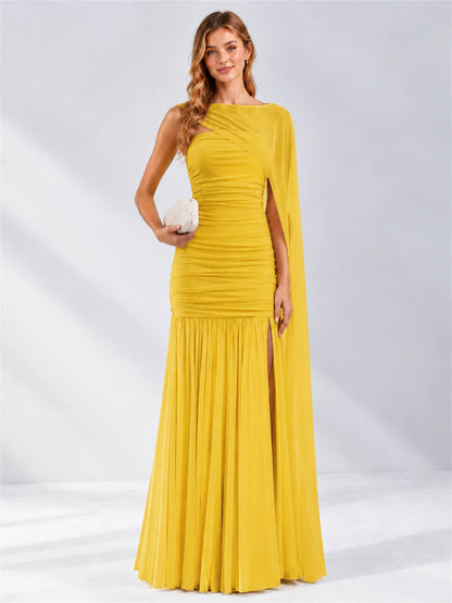 Sheath Ruched Strapless Chiffon Sleeveless Side Slit Wedding Guest Dress with Cape