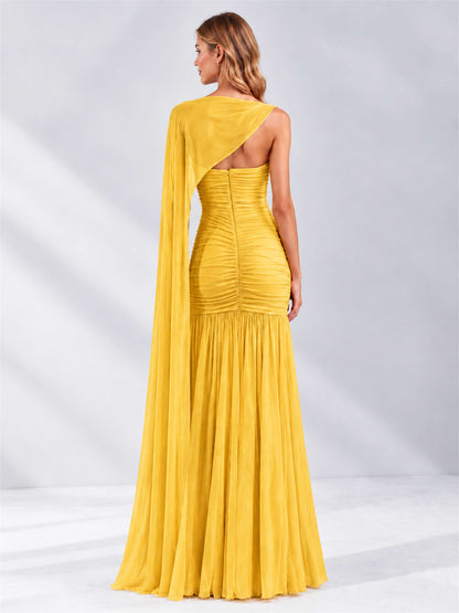 Sheath Ruched Strapless Chiffon Sleeveless Side Slit Wedding Guest Dress with Cape