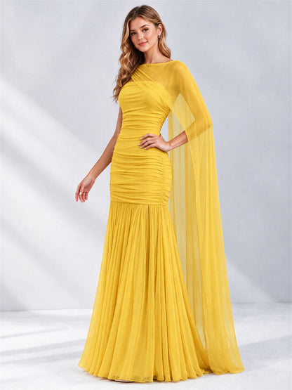 Sheath Ruched Strapless Chiffon Sleeveless Side Slit Wedding Guest Dress with Cape