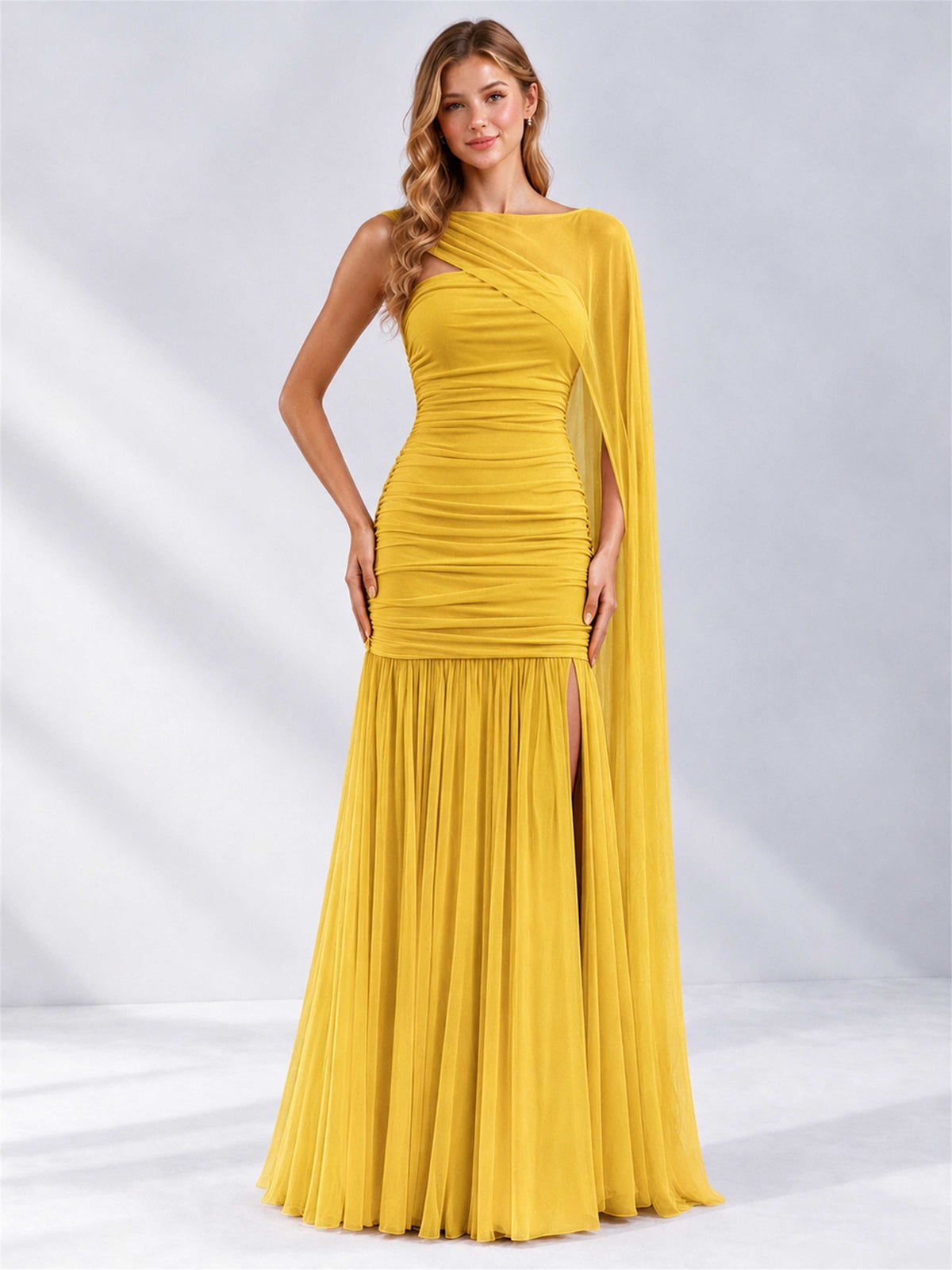 Sheath Ruched Strapless Chiffon Sleeveless Side Slit Wedding Guest Dress with Cape