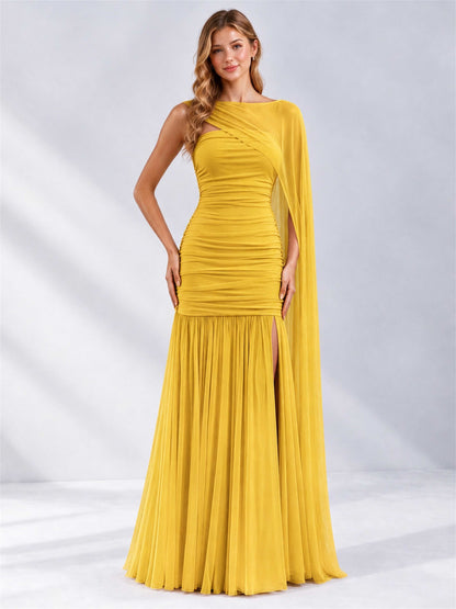 Sheath Ruched Strapless Chiffon Sleeveless Side Slit Wedding Guest Dress with Cape