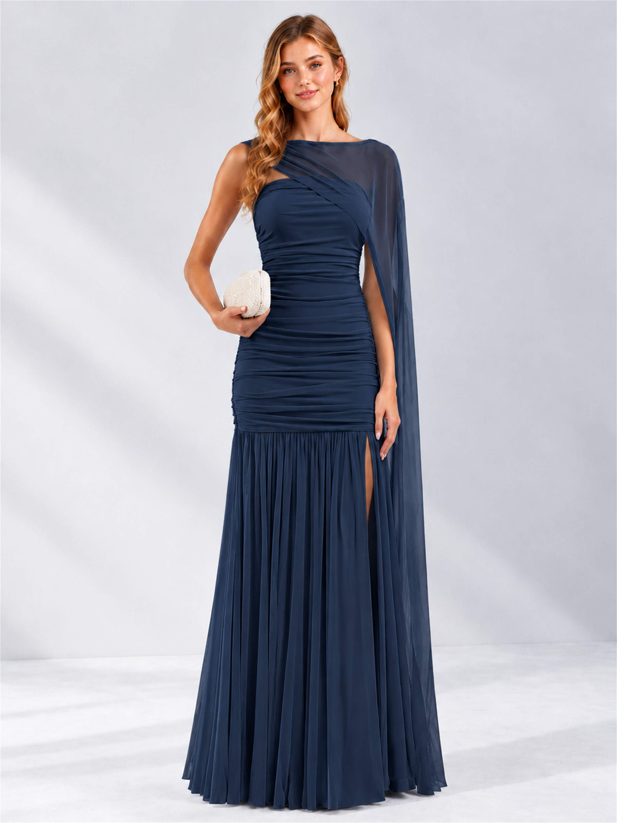 Sheath Ruched Strapless Chiffon Sleeveless Side Slit Wedding Guest Dress with Cape