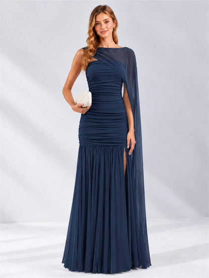Sheath Ruched Strapless Chiffon Sleeveless Side Slit Wedding Guest Dress with Cape