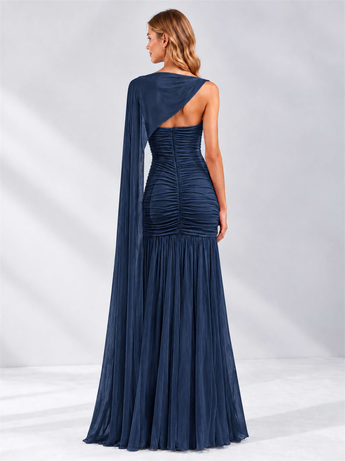 Sheath Ruched Strapless Chiffon Sleeveless Side Slit Wedding Guest Dress with Cape