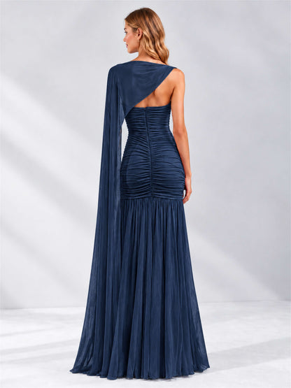 Sheath Ruched Strapless Chiffon Sleeveless Side Slit Wedding Guest Dress with Cape