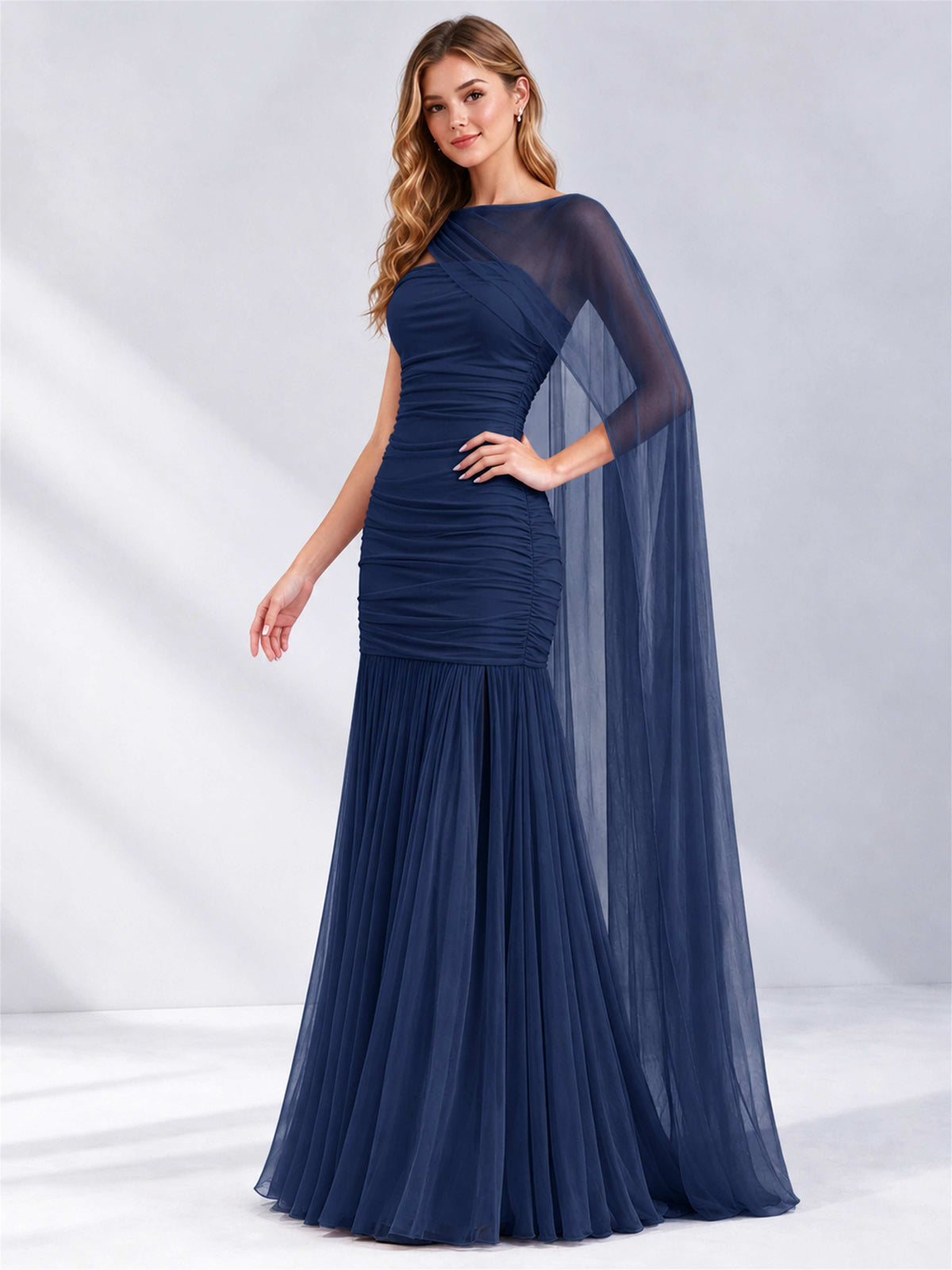 Sheath Ruched Strapless Chiffon Sleeveless Side Slit Wedding Guest Dress with Cape