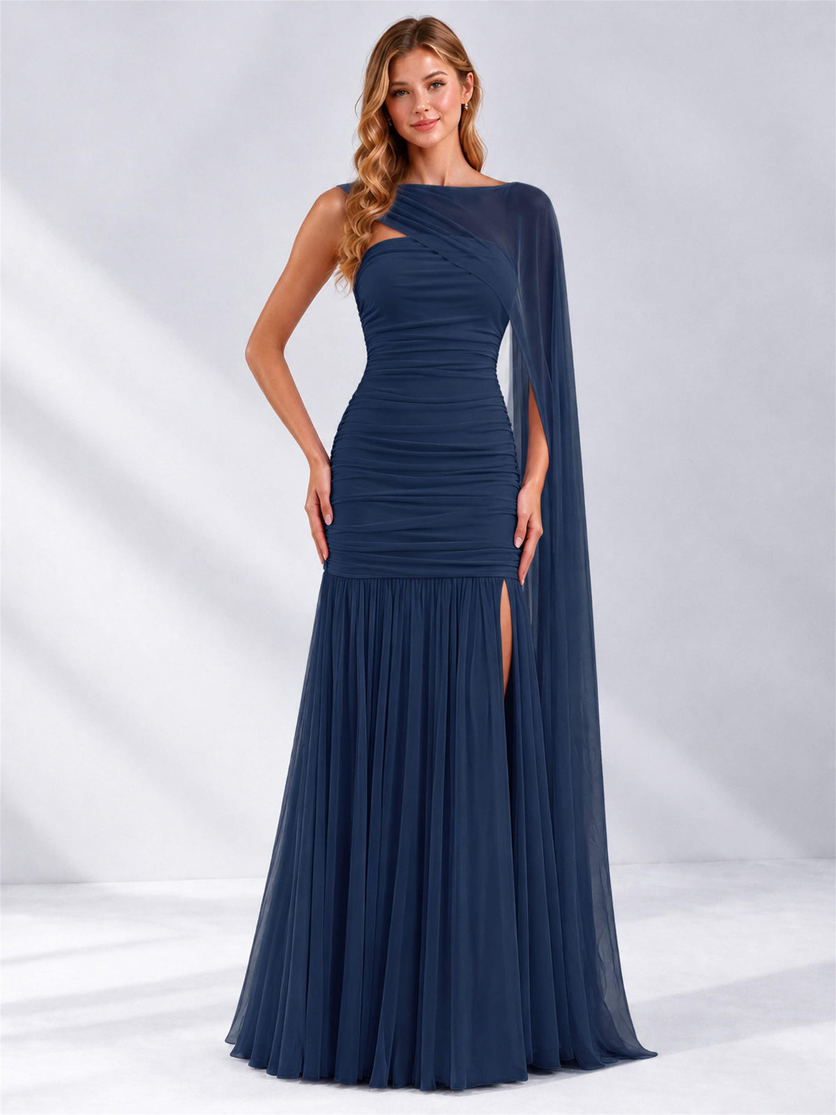 Sheath Ruched Strapless Chiffon Sleeveless Side Slit Wedding Guest Dress with Cape