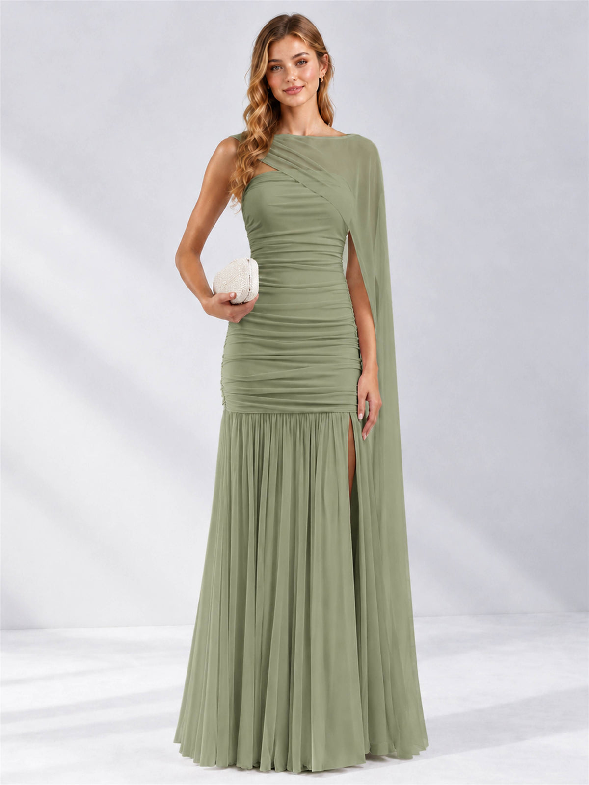 Sheath Ruched Strapless Chiffon Sleeveless Side Slit Wedding Guest Dress with Cape
