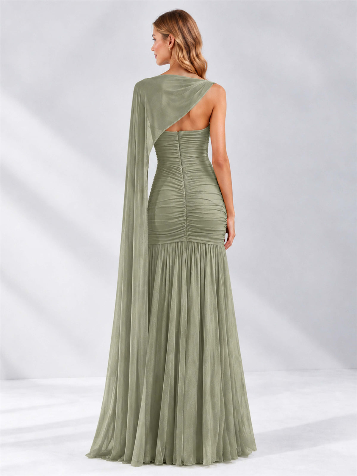 Sheath Ruched Strapless Chiffon Sleeveless Side Slit Wedding Guest Dress with Cape