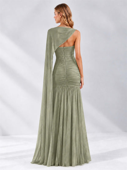 Sheath Ruched Strapless Chiffon Sleeveless Side Slit Wedding Guest Dress with Cape