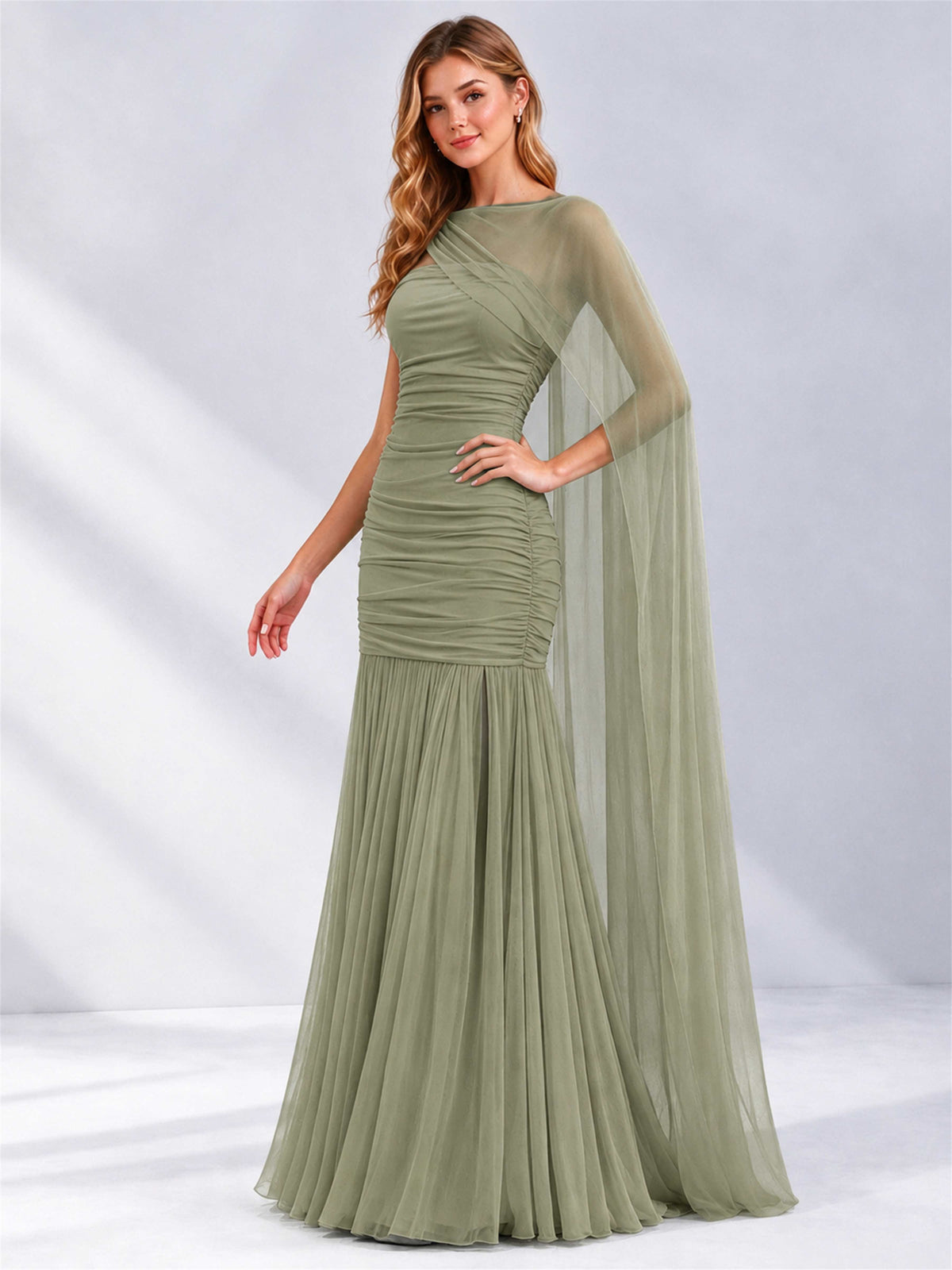 Sheath Ruched Strapless Chiffon Sleeveless Side Slit Wedding Guest Dress with Cape