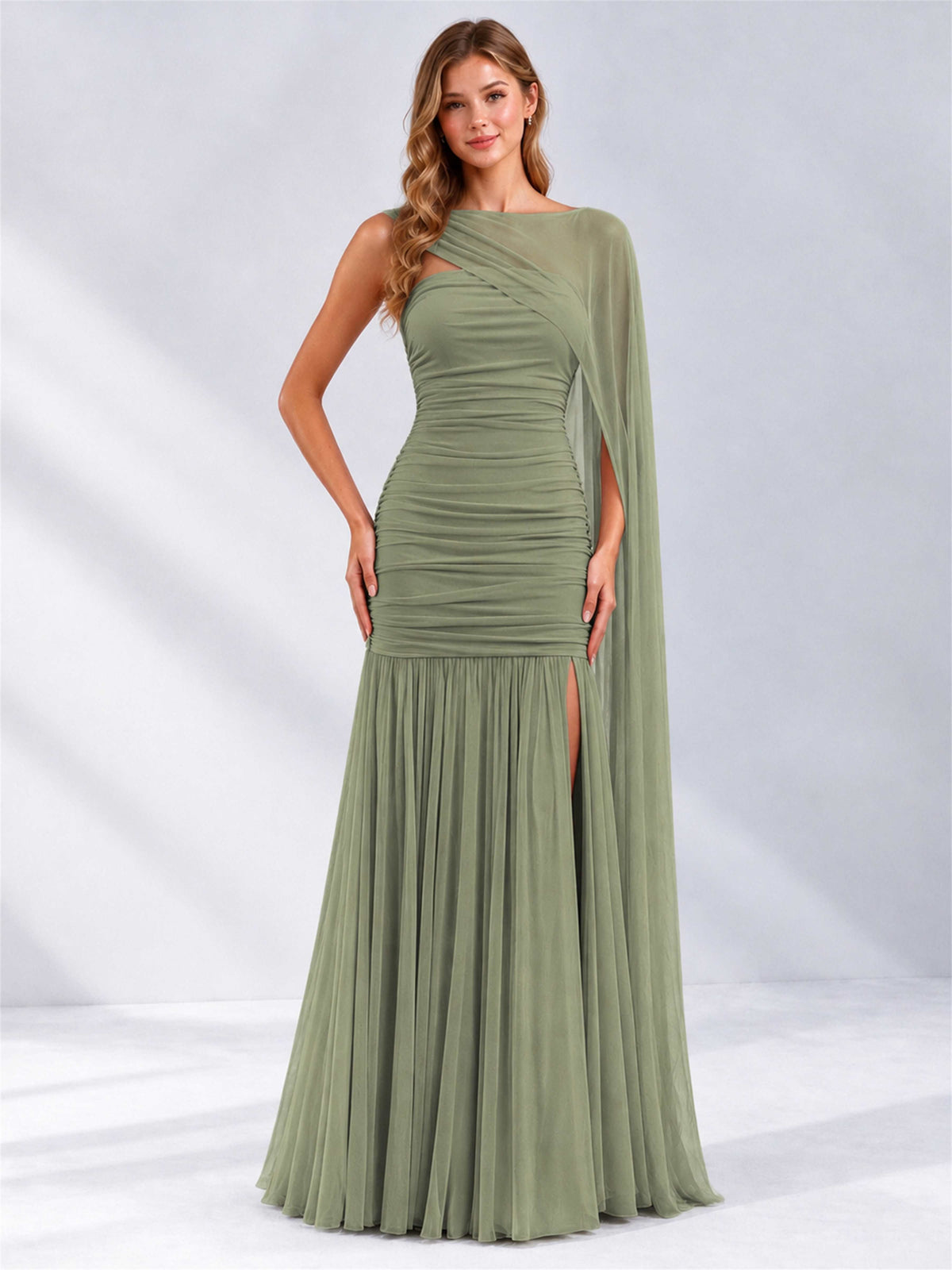 Sheath Ruched Strapless Chiffon Sleeveless Side Slit Wedding Guest Dress with Cape