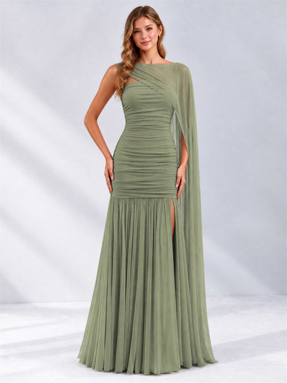 Sheath Ruched Strapless Chiffon Sleeveless Side Slit Wedding Guest Dress with Cape