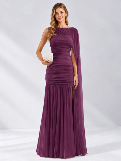 Sheath Ruched Strapless Chiffon Sleeveless Side Slit Wedding Guest Dress with Cape