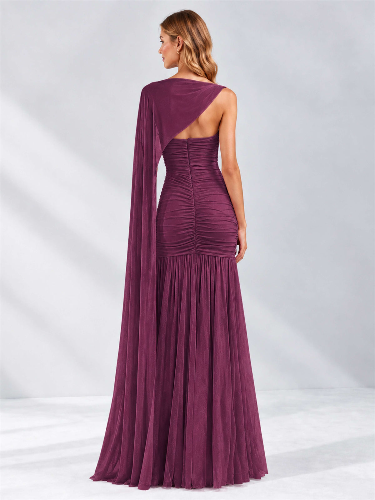 Sheath Ruched Strapless Chiffon Sleeveless Side Slit Wedding Guest Dress with Cape