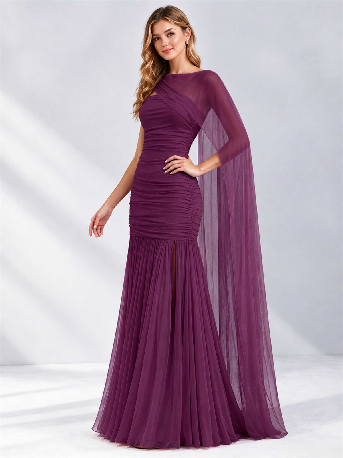 Sheath Ruched Strapless Chiffon Sleeveless Side Slit Wedding Guest Dress with Cape