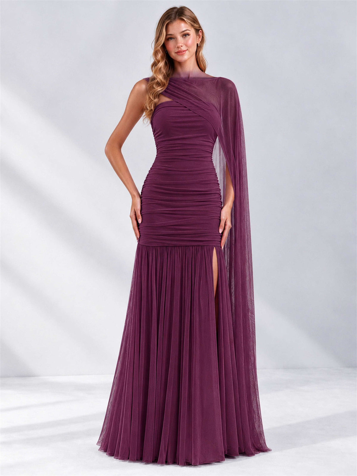 Sheath Ruched Strapless Chiffon Sleeveless Side Slit Wedding Guest Dress with Cape