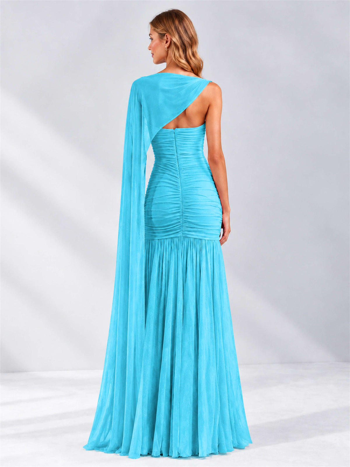 Sheath Ruched Strapless Chiffon Sleeveless Side Slit Wedding Guest Dress with Cape