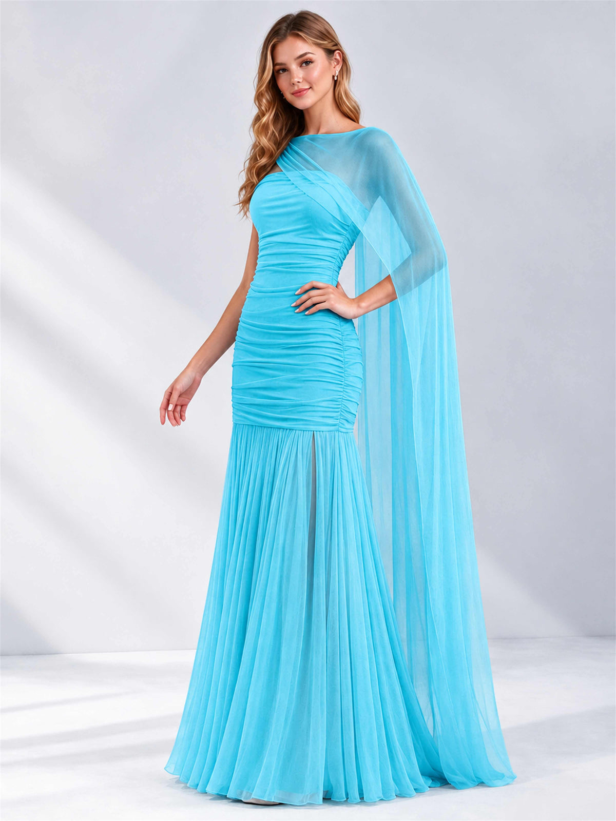 Sheath Ruched Strapless Chiffon Sleeveless Side Slit Wedding Guest Dress with Cape