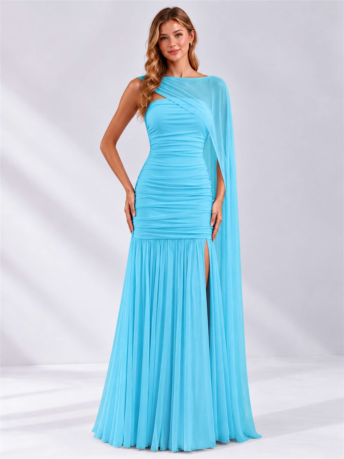 Sheath Ruched Strapless Chiffon Sleeveless Side Slit Wedding Guest Dress with Cape
