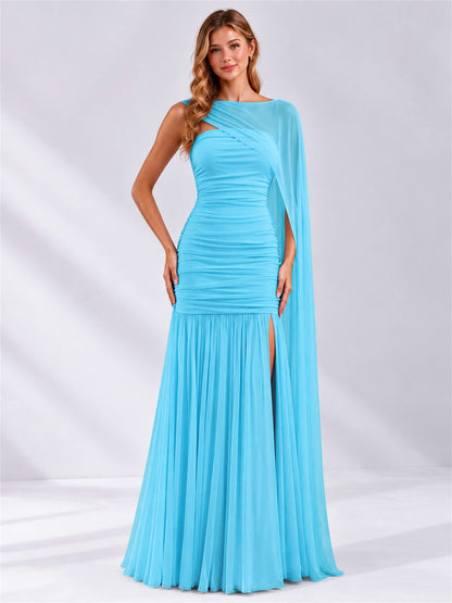 Sheath Ruched Strapless Chiffon Sleeveless Side Slit Wedding Guest Dress with Cape