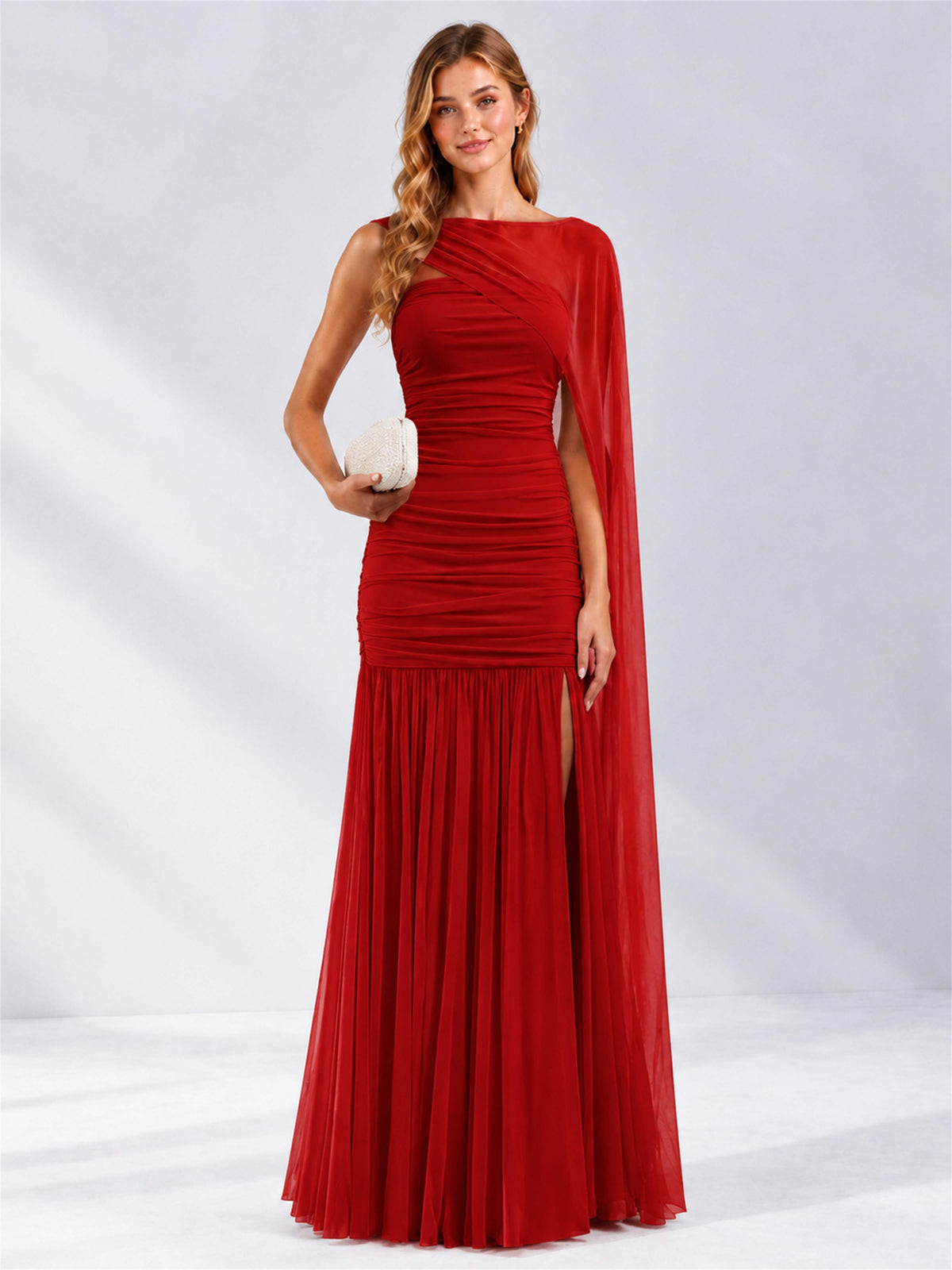 Sheath Ruched Strapless Chiffon Sleeveless Side Slit Wedding Guest Dress with Cape