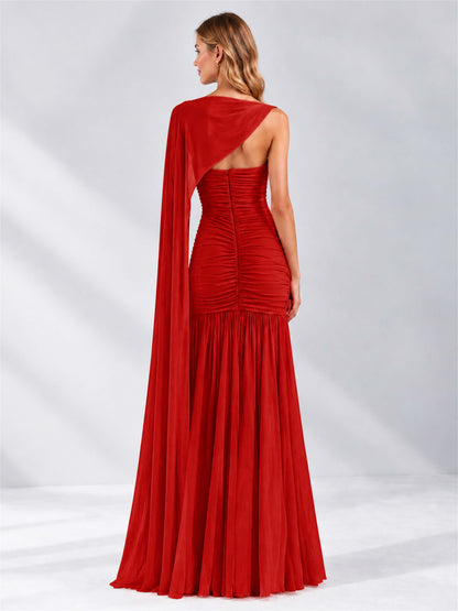 Sheath Ruched Strapless Chiffon Sleeveless Side Slit Wedding Guest Dress with Cape
