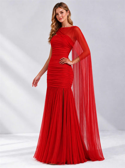 Sheath Ruched Strapless Chiffon Sleeveless Side Slit Wedding Guest Dress with Cape