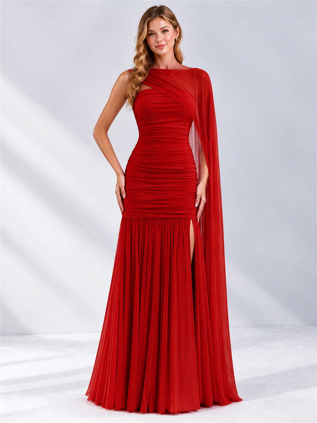 Sheath Ruched Strapless Chiffon Sleeveless Side Slit Wedding Guest Dress with Cape