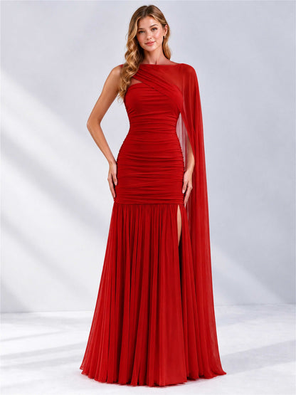 Sheath Ruched Strapless Chiffon Sleeveless Side Slit Wedding Guest Dress with Cape