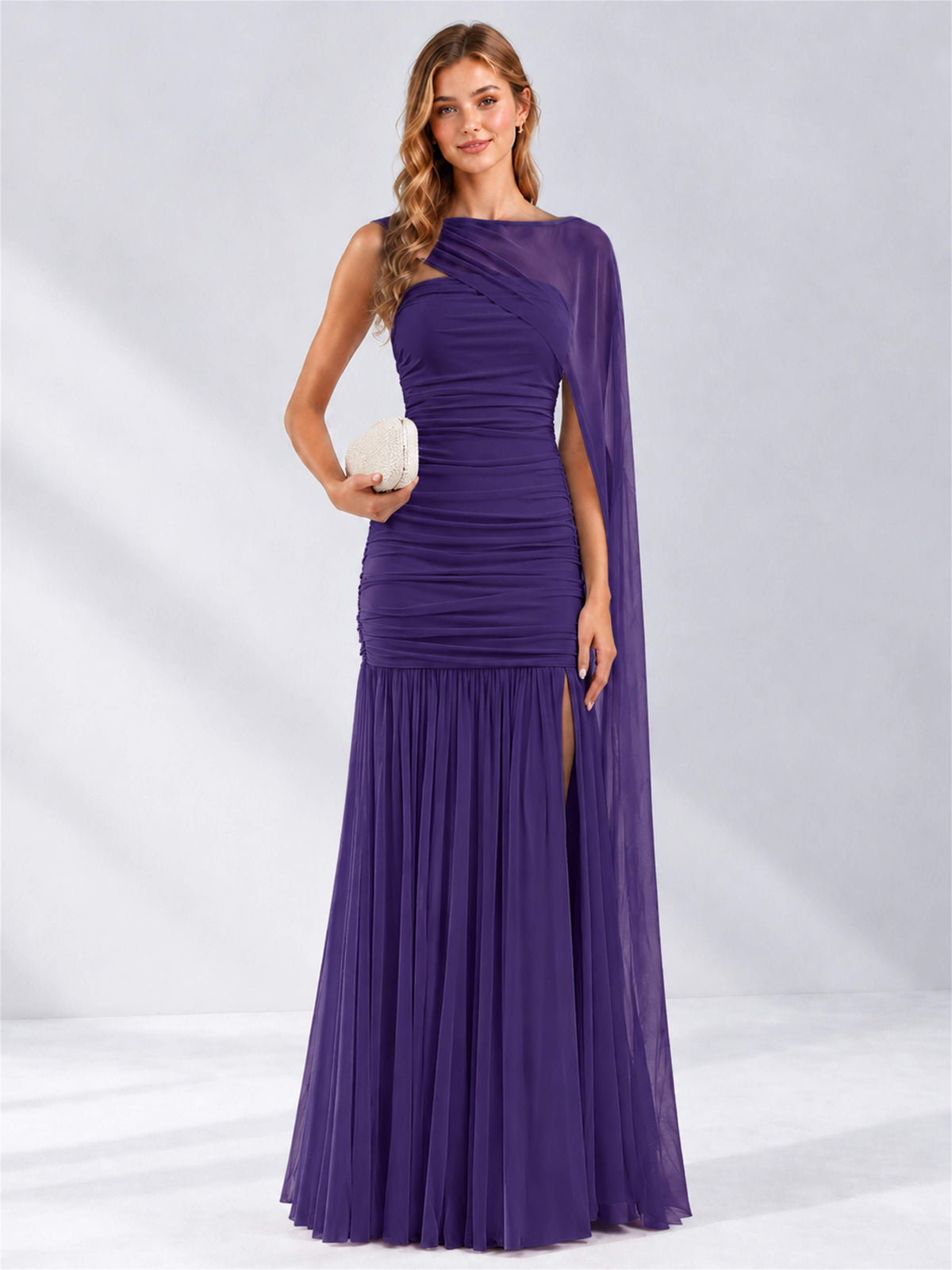 Sheath Ruched Strapless Chiffon Sleeveless Side Slit Wedding Guest Dress with Cape