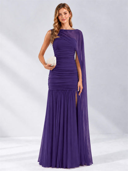 Sheath Ruched Strapless Chiffon Sleeveless Side Slit Wedding Guest Dress with Cape