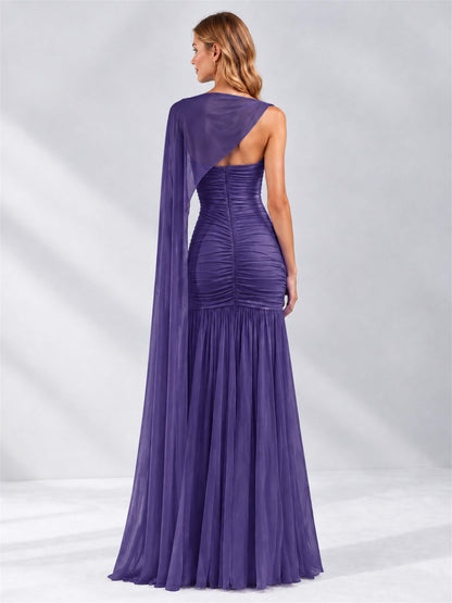 Sheath Ruched Strapless Chiffon Sleeveless Side Slit Wedding Guest Dress with Cape