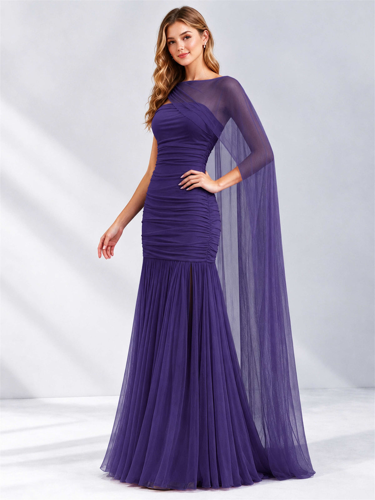 Sheath Ruched Strapless Chiffon Sleeveless Side Slit Wedding Guest Dress with Cape