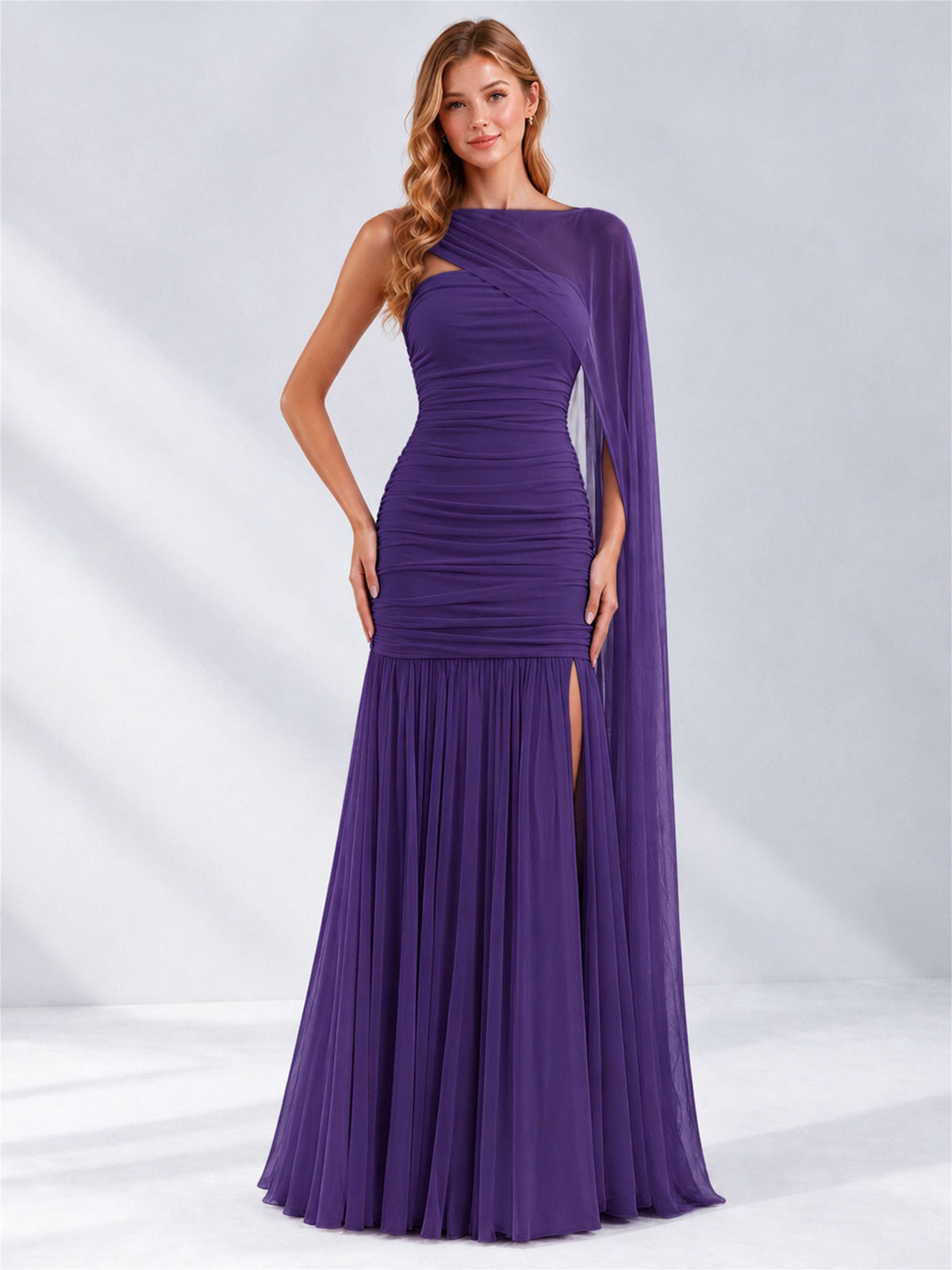 Sheath Ruched Strapless Chiffon Sleeveless Side Slit Wedding Guest Dress with Cape