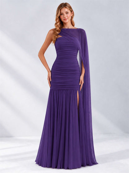 Sheath Ruched Strapless Chiffon Sleeveless Side Slit Wedding Guest Dress with Cape