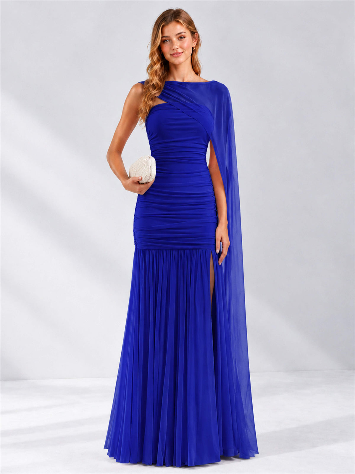 Sheath Ruched Strapless Chiffon Sleeveless Side Slit Wedding Guest Dress with Cape